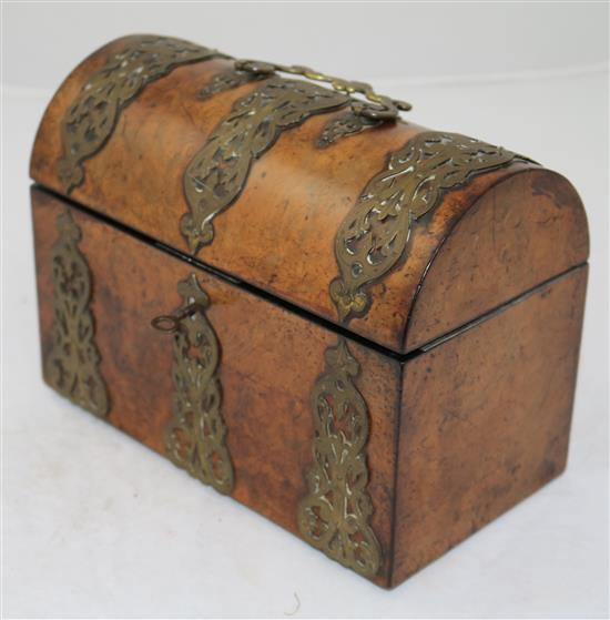 A Victorian brass mounted burr wood tea caddy, 9in.